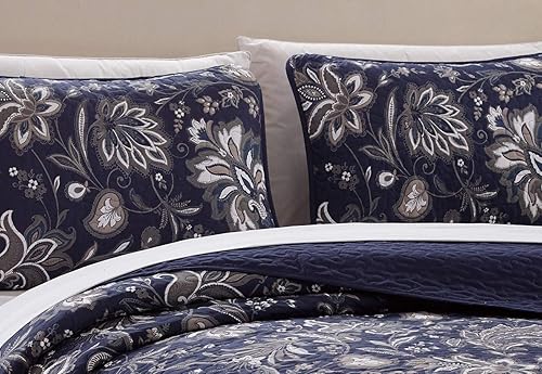 Miniatura 2 de Better Home Style Juego de 2 piezas de colcha de lujo azul marino con estampado de cachemira de flores y flores, de gran tamaño, # Janna