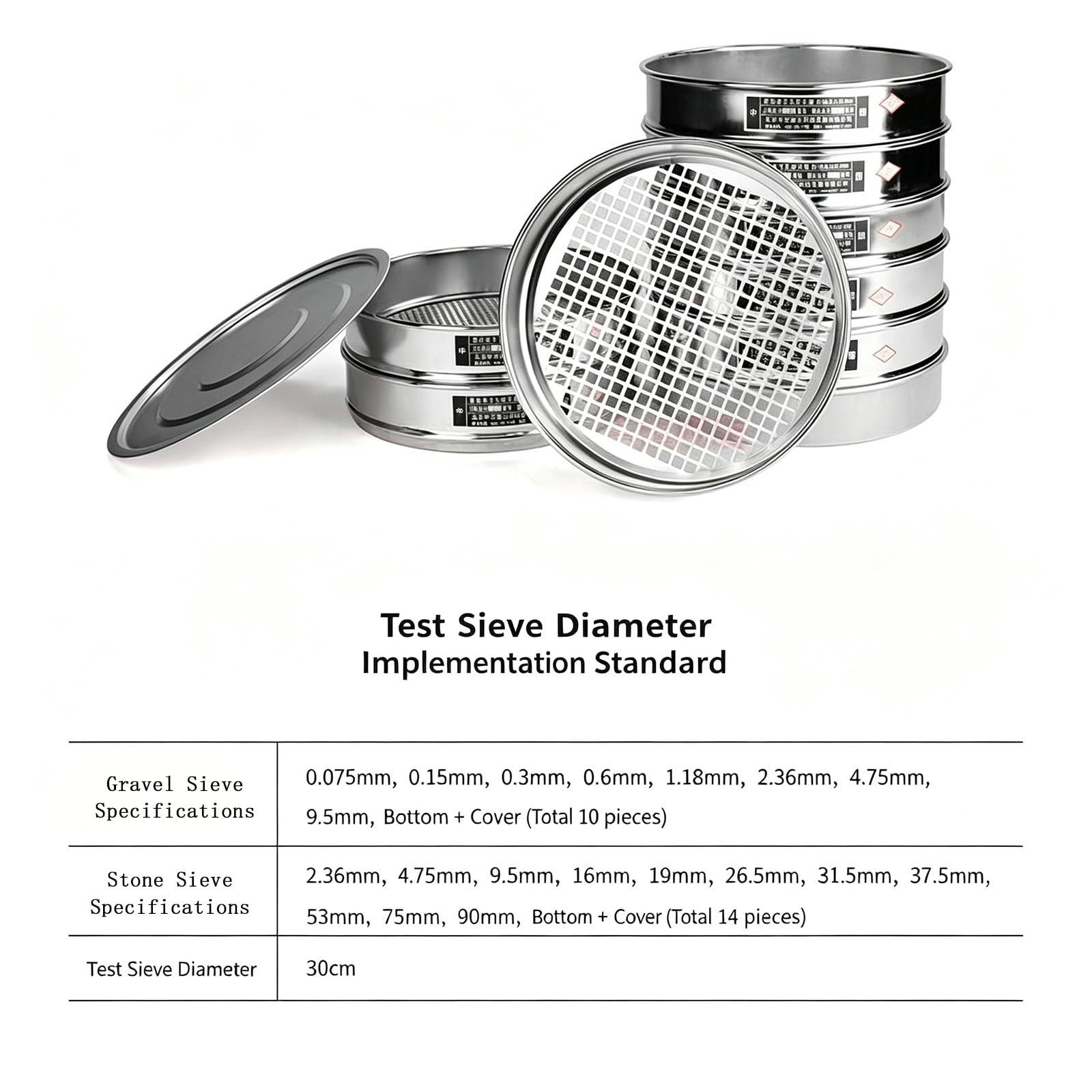 Set di setaccio multiuso in acciaio inox resistente con coperchio e vaschetta inferiore, setaccio per test di laboratorio, per sabbia, pietra, aggregato, compost, polvere, giardinaggio e uso