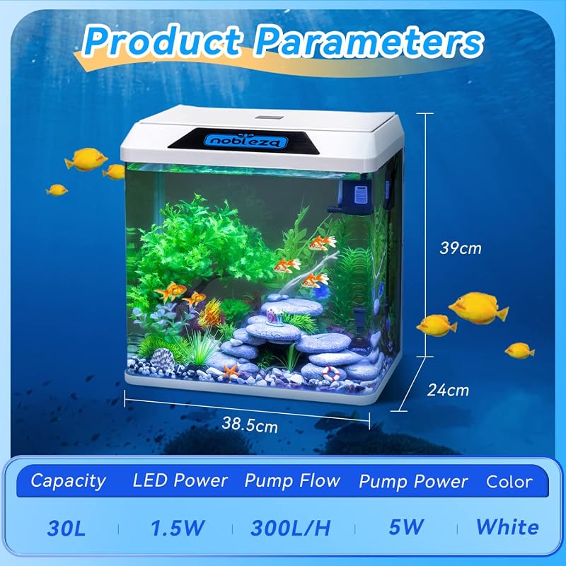 Nobleza 30L Mini Akvarium Komplett Szett LED Világítással és Beépített Szűrővel