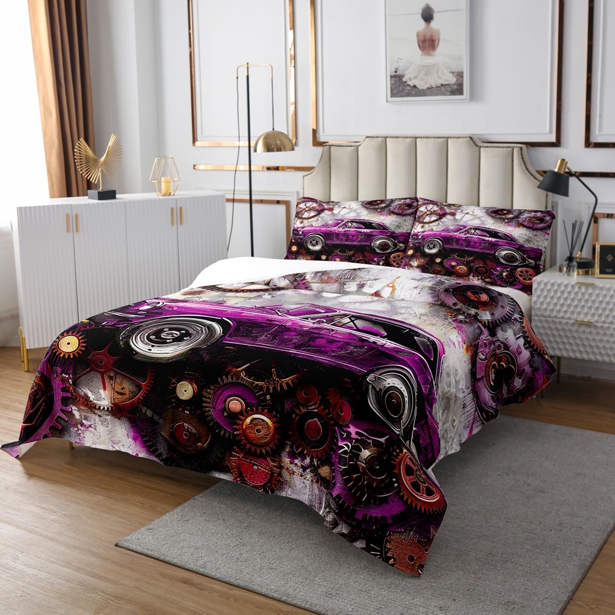 Homewish Sports Car Bedspread for Kids Boys,Racing Theme Purple Race Car Print Coverlet Set Bedroom Decor Soft Quilted,Retro Brown Gear Graffiti Quilt Set with 1 Pillow Sham, Twin Size