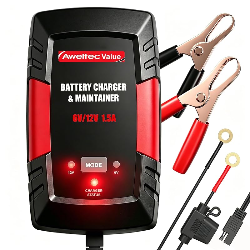 Carregador e mantenedor inteligente de bateria AWELTEC 6 V e 12 V, 1,5 A, vermelho