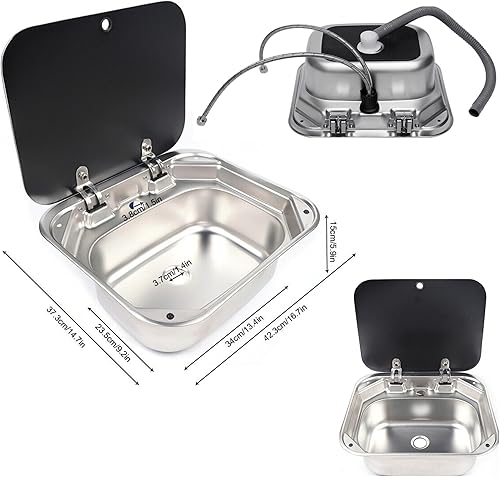 Miniatura 6 de YIYIBYUS Lavabo de lavabo de acero inoxidable con tapa de vidrio templado para caravana, cocina en casa, bar o barco, lavabo de mano de acero