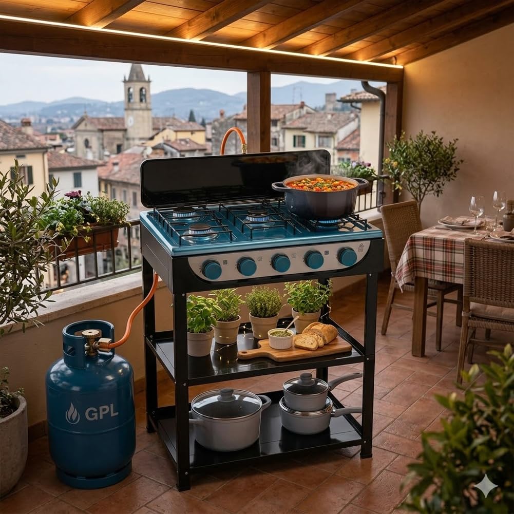 BAKAJI Cucina a Gas GPL con 5 Fuochi da Esterno e 2 Ripiani, Cucinotto Portatile in Acciaio con Paravento 5 Bruciatori, Piedini Stabili Antiscivolo, Ideale per Giardino, Patio, Balcone, Campeggio