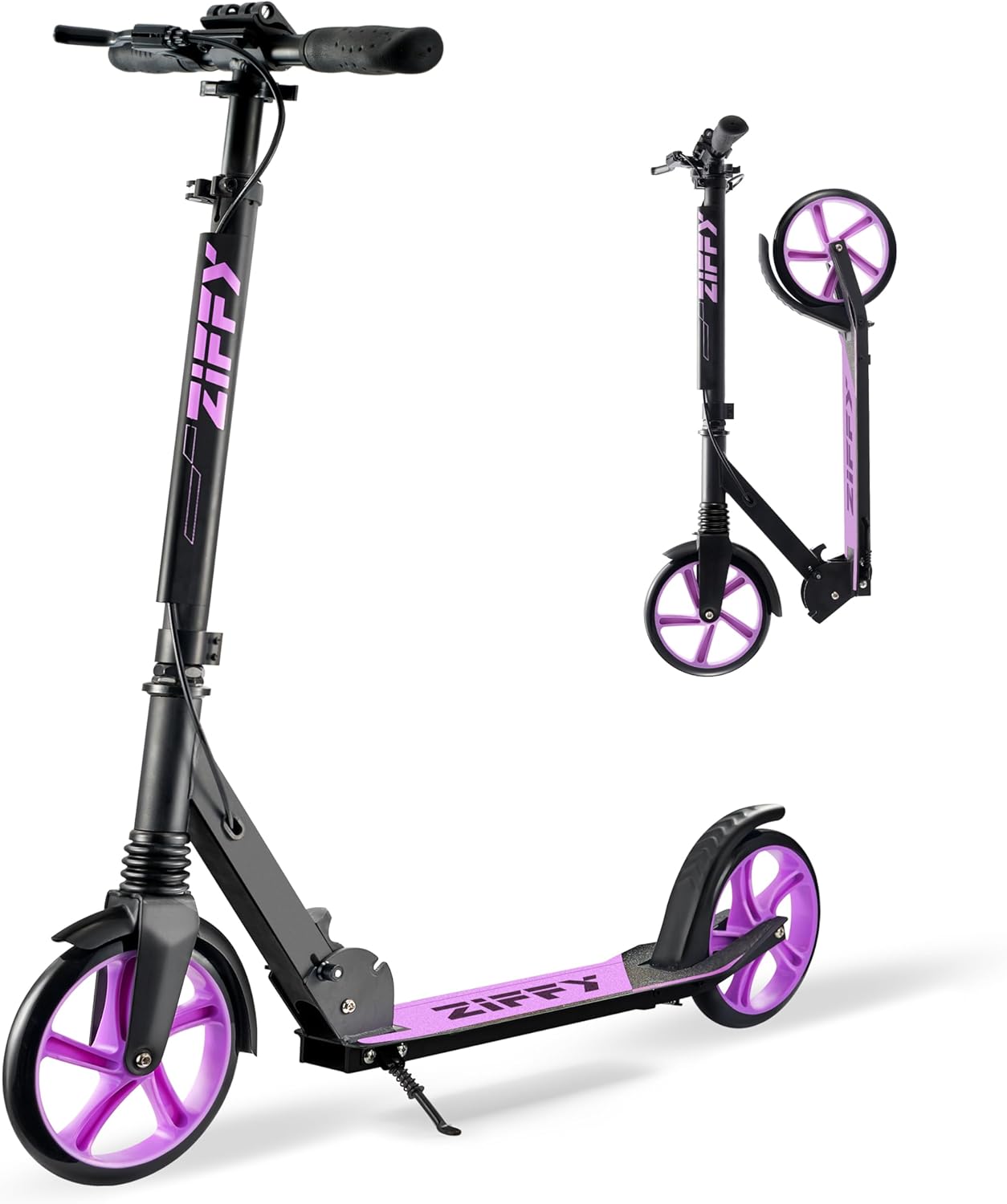 ZIFFY Scooter for Kids with Hand Brake, Foldable Kick Scooter for Ages 6-12, Lightweight Scooter for Boys with 4 Adjustable Heights, ABEC9 Bearings, Supports Up to 260 lbs Black Purple