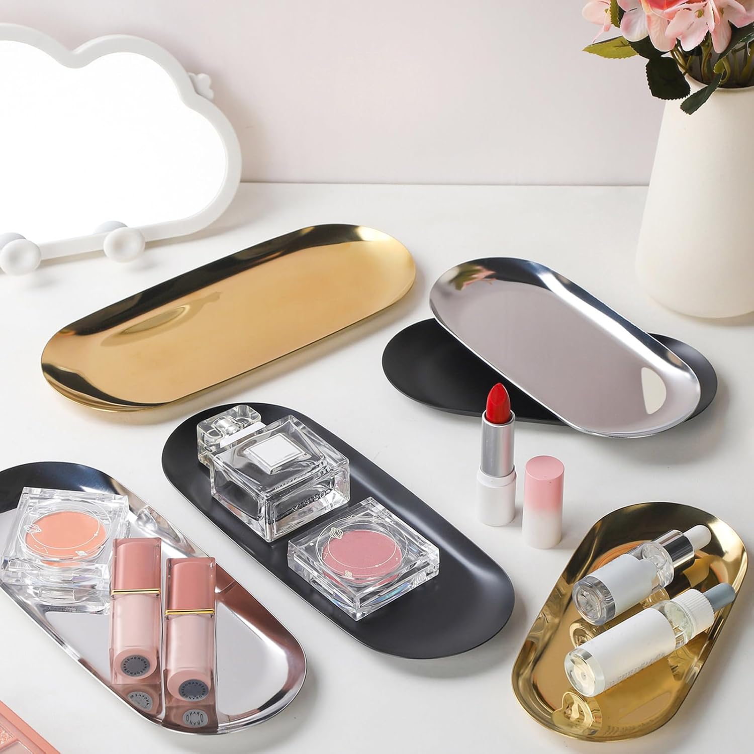 IBWell 2 pcs Gold Decorative Serving Tray for Bathroom, Small Jewelry Tray, Long Tray, Gold Jewelry Tray, Jewelry Bowl Dish Decorative Bathroom Tray-8.9” - Image 5