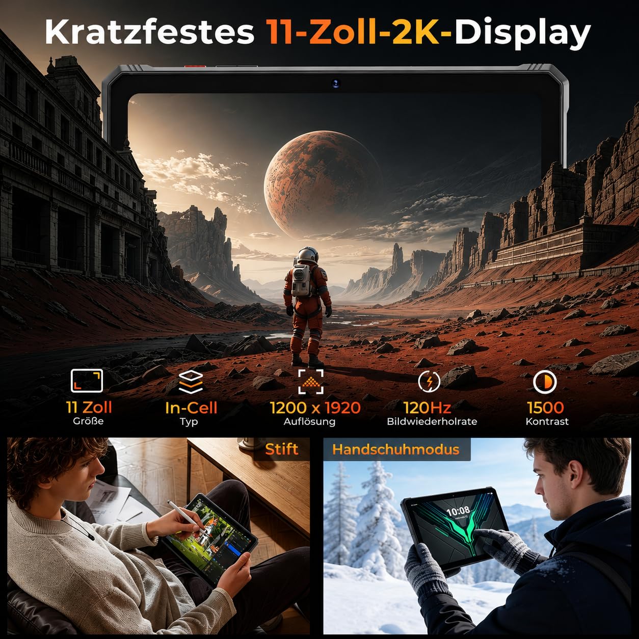HOTWAV R9 Pro Max 5G Tablet Outdoor, Android 16 Baustellen Tablet mit Stift | 20GB+256GB+2TB TF, Octa-Core, 11" 20080mAh 20W Schnellladung, 64MP+16MP+20MP Nachtsicht, IP68/IP69K Wasserdicht, Gemini AI