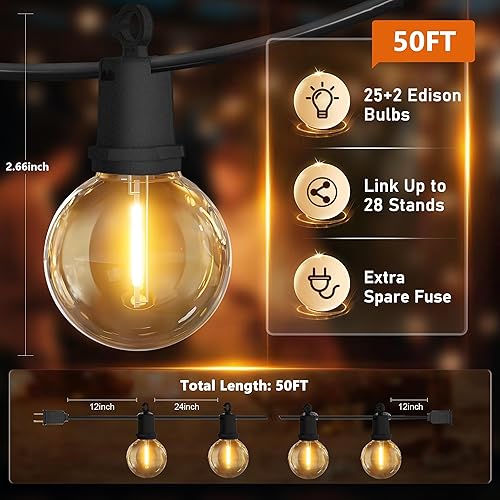 Miniatura 8 de Guirnalda de luces para exteriores de 25 pies, luces de patio con 12+1 LED regulables, impermeables, inastillables, G40 Edison 2700K, bombillas para
