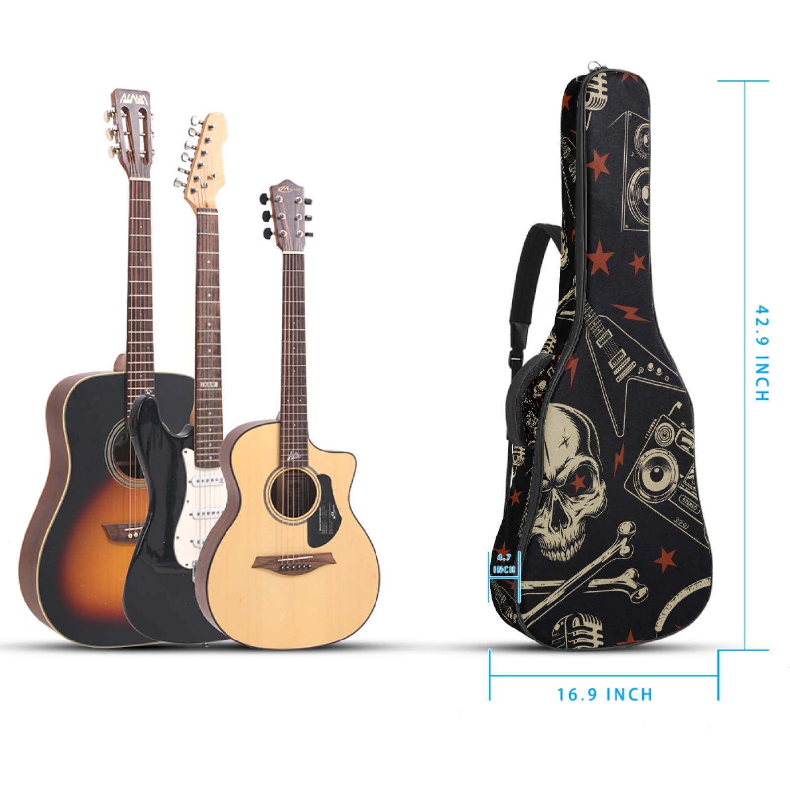 Borsa per chitarra impermeabile con cerniera morbida zaino per chitarra, chitarra acustica e classica folk chitarra elettrica teschi modello rock retrò