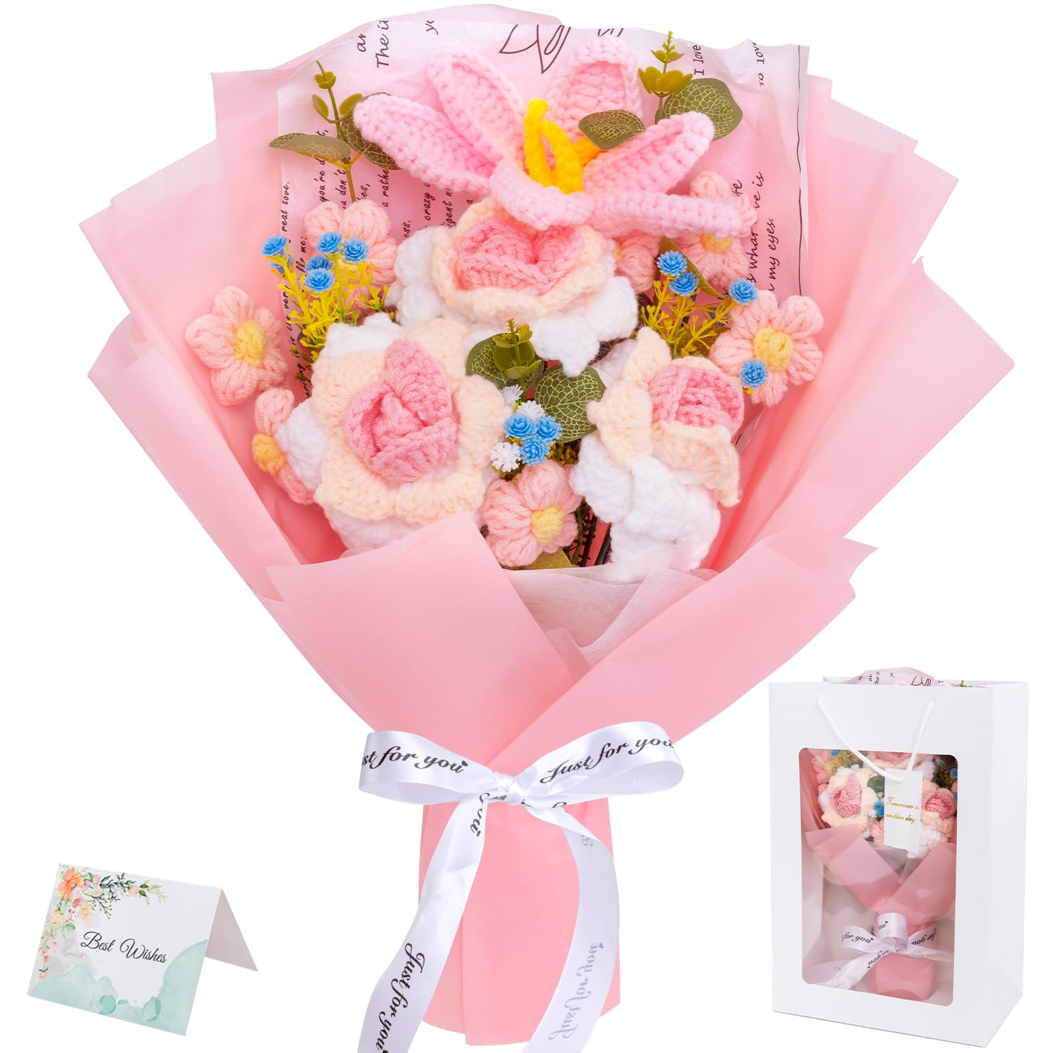 Hand Crocheted Rose Bouquet, Artificial Crochet Flower Bouquet, Suitable for Graduations, Weddings, Birthdays, Mother's Day - Including Gift Bag and Card-image-49