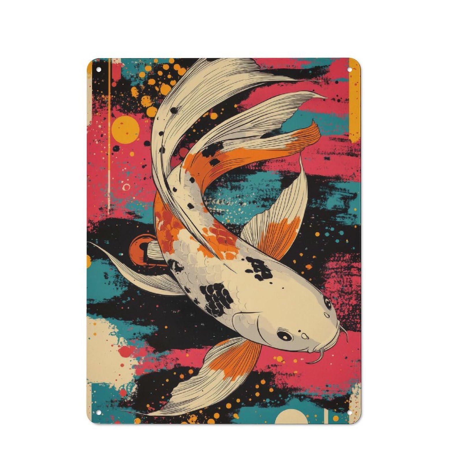 Junmoney Koi Fish Abstract Art White Koi Fish Vintage Metal Sign 40X30cm, Cafe Style Restaurant Wall Art For Takeaway, Bar, Kitchen Or Counter Area