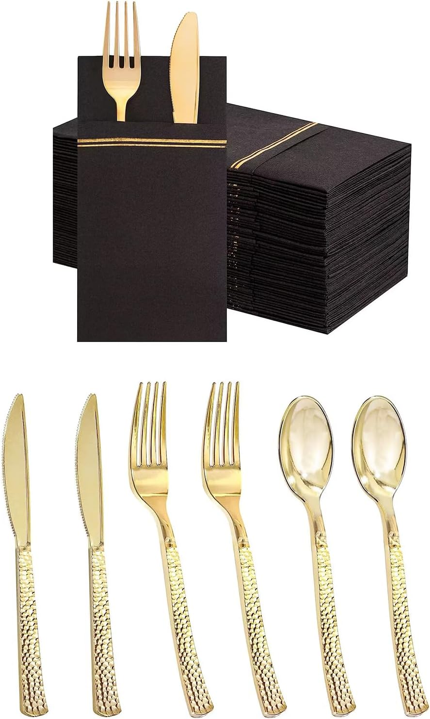 Nervure 300PCS Gold Hammered Plastic Silverware set,Heavy-weight Gold cutlery & 100PCS Black Paper Napkins with Built-in Flatware Pocket for Party & Wedding & Dinner