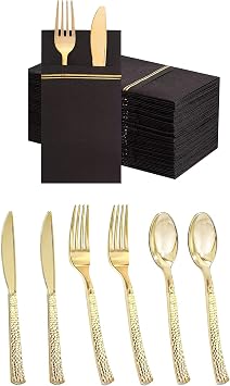 Nervure 300PCS Gold Hammered Plastic Silverware set,Heavy-weight Gold cutlery & 100PCS Black Paper Napkins with Built-in Flatware Pocket for Party & Wedding & Dinner