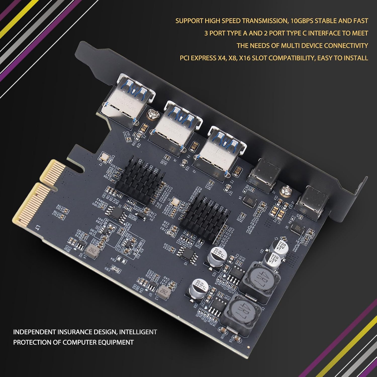 USB 3.2 Gen2 Pcie Expansion Card Durable PCB Material High Speed 10Gbps Expansion Card with 3 Type A and 2 Type C Ports Multi Device Connectivityfor Computer Motherboard Upgrade