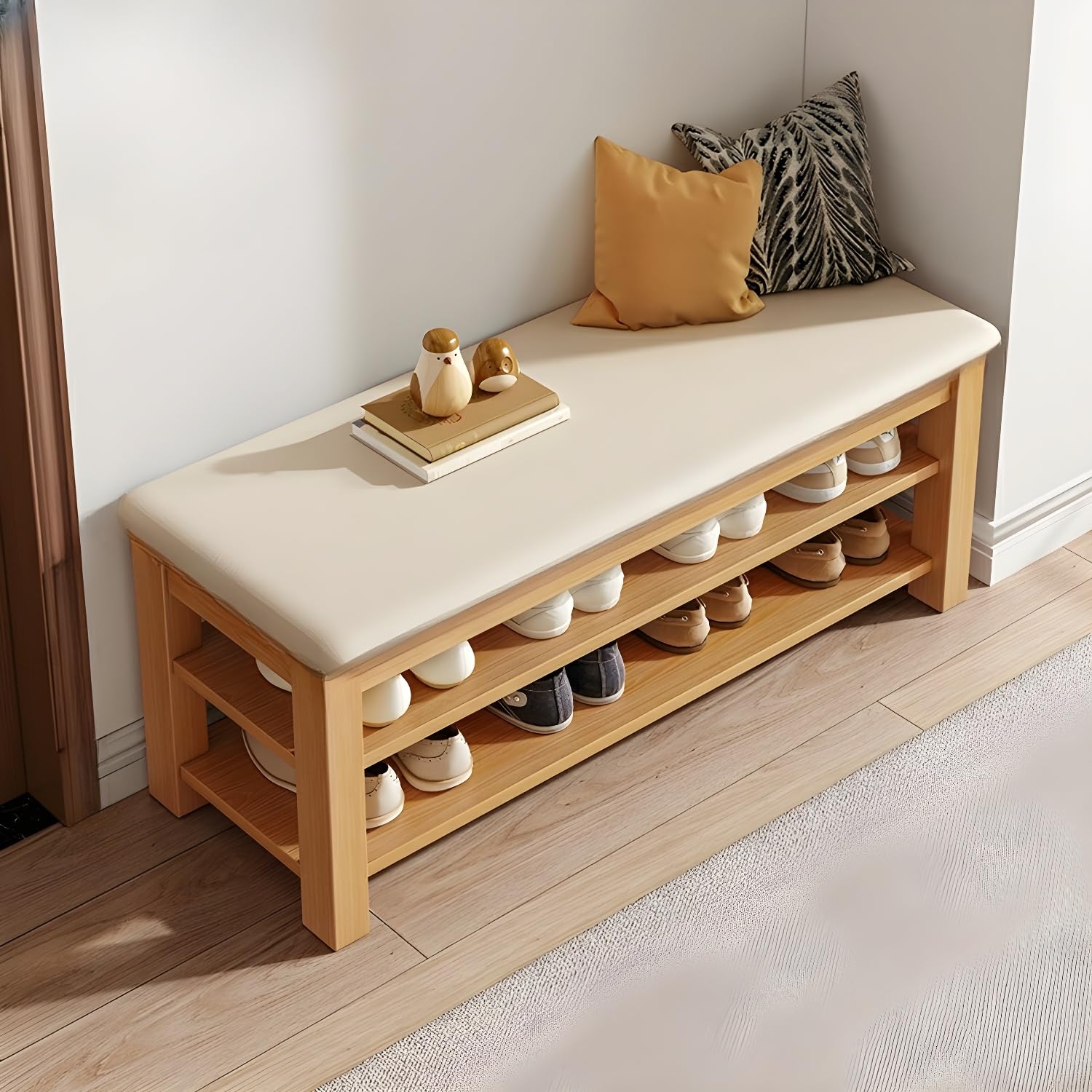 KLGFBDC Entryway Bench with Shoe Rack - Cushioned Wood Storage Bench for Hallway and Mudroom - Functional and Stylish Design