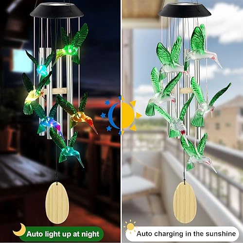 Vista 43 de JOBOSI Red Cap Green Colibrí Carillones de viento Regalos para mamá Carillones de viento Solares Colibríes Campanas de viento Brillantes Decoración