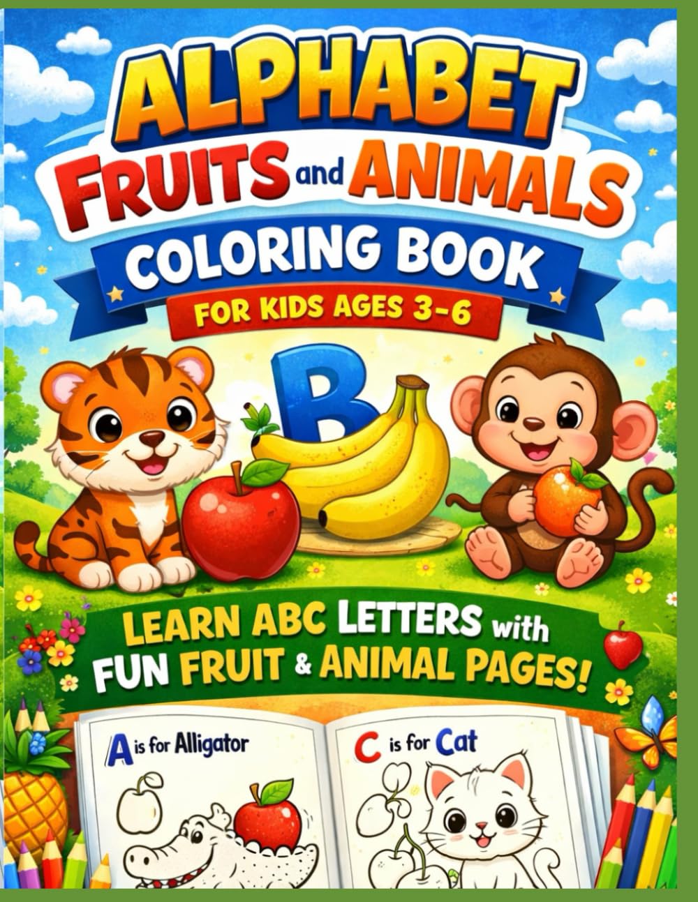 Alphabet, Fruits and Animals Coloring Book for Kids Ages 3-6: Learn ABC Letters with Fun Fruit and Animal Coloring Pages | Preschool Activity Book: ... Book with Fun Fruits and Adorable Animals