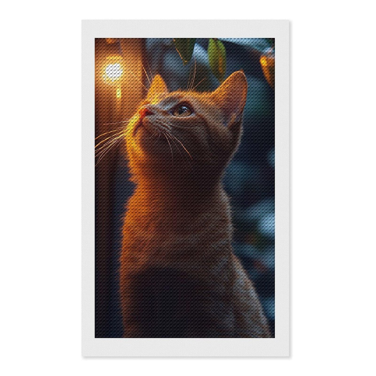 Junmoney Ginger Cat Gazing at Light Diamond Painting Canvas Set 12"x20", for Adults, Bedroom Decor, Good for Quiet Evenings, Festive Craft Gift