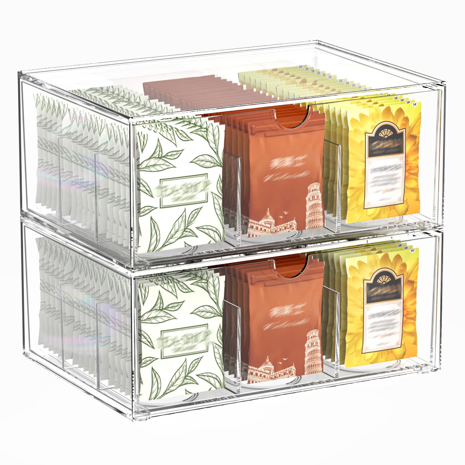 Photo 1 of 2 Pack Clear Tea Bag Organizer, Stackable Drawer Organizer with Dividers for Pantry Bathroom Vanity Kitchen - Cabinet Countertop Shelf Plastic Storage Bins for Coffee/Makeup/Cosmetic/Crafts/Jewelry