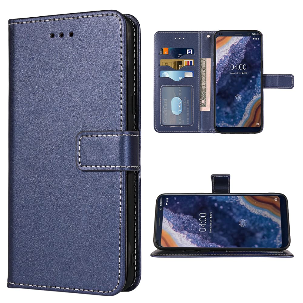 Compatible with Nokia 9 PureView Wallet Case Wrist Strap Lanyard Leather Flip Cover Card Holder Stand Cell Accessories Folio Purse Credit Phone Cases for Nokia9Pur View Women Men Blue