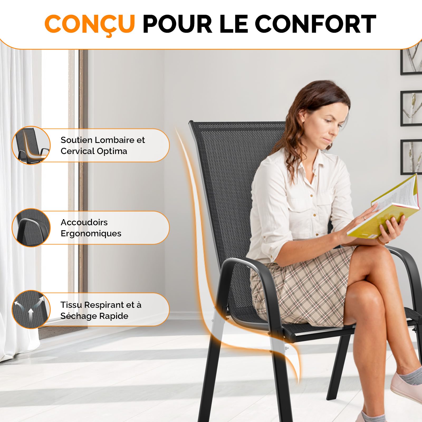 Bonnlo Lot de 6 Chaises de Jardin Exterieur - Chaise Empilable, Idéales pour Jardins, Cours, Balcons, Restaurants, Facile à Installer, Confortable et Design (Noir, Lot de 6)