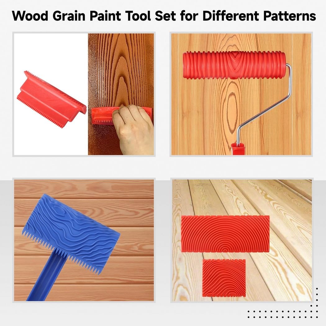 6 Piece Rubber Wood Grain Tool Kit, Textured Rollers and Brushes for DIY Home Decorating