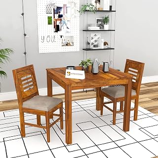 KENDALWOOD Furniture Sheesham Wood Dining Table Square (34x34 inch) with 2 Chair | 1 Year Warranty | 2 Seater Dining Set | (Finish Color:- Honey Finish with Cream Cushions) -DIY(Do-It-Yourself)