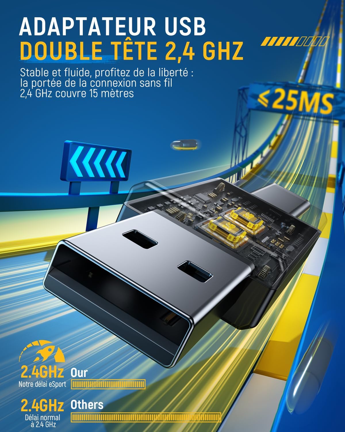 Tatybo WT5 dual-head 2.4 GHz USB wireless adapter for low-latency connection.