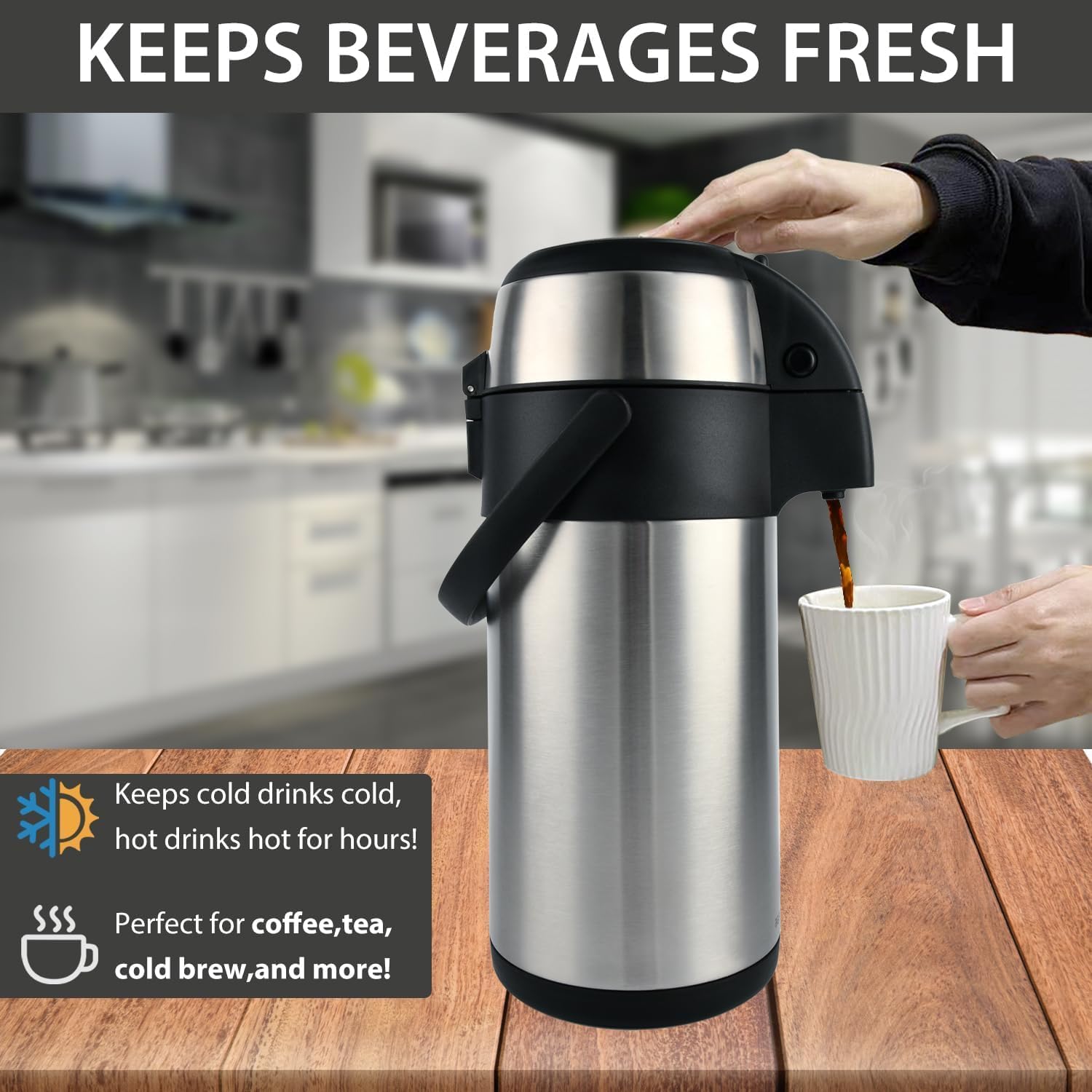 Airpot Coffee Dispenser with Pump, Insulated Stainless Steel Coffee Carafe - Thermal Beverage Dispenser - Thermos Urn for Hot/Cold Water, Party Chocolate Drinks (102oz - 3.0L)