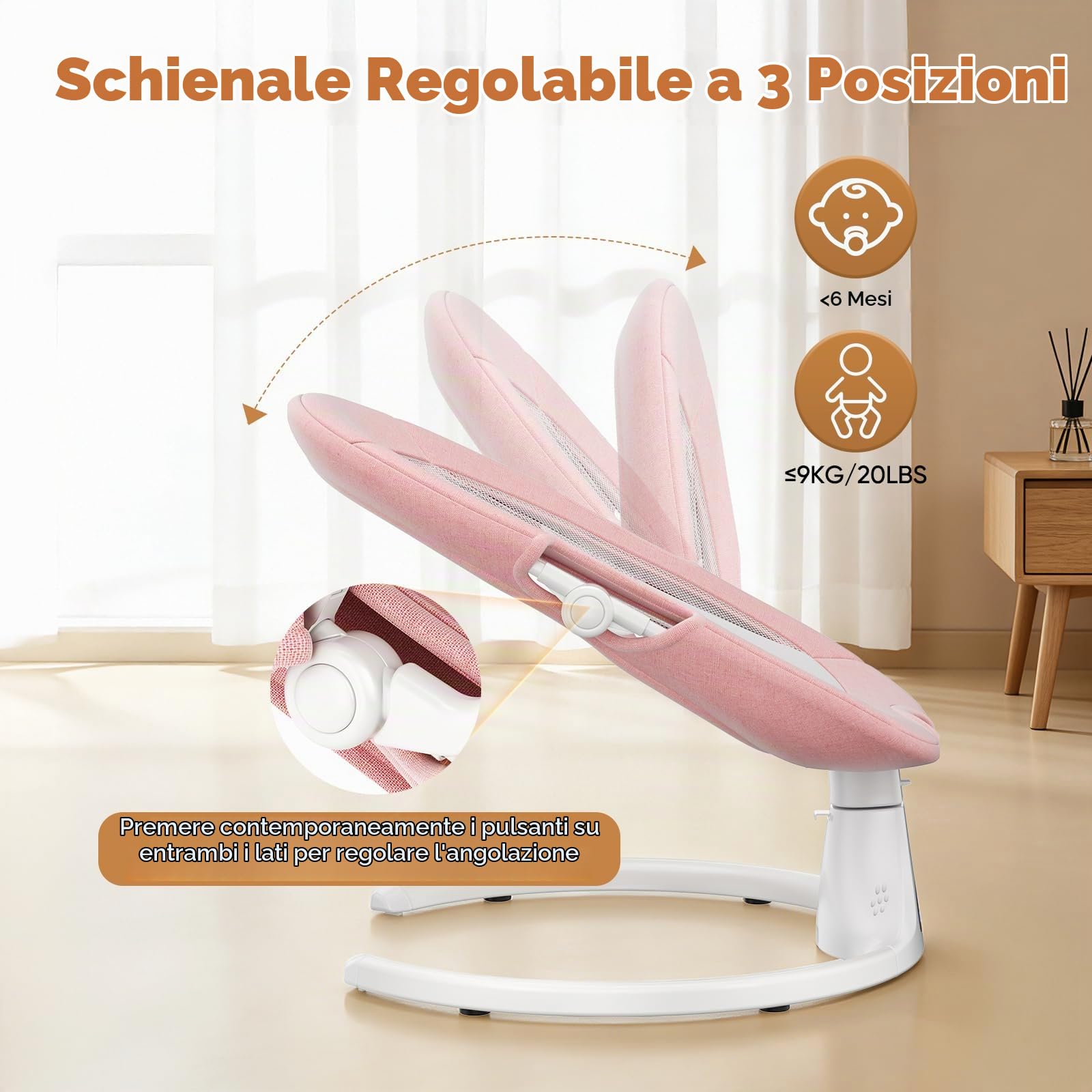 Sdraietta Neonati Elettrica 0-6 Mesi, Cintura di Sicurezza a 5 Punti, 5 Velocità, Timer a 3 Livelli, Dondolo Elettrico con Pannello Touch, Telecomando e Musica Per Interno & Esterno(Rosa)