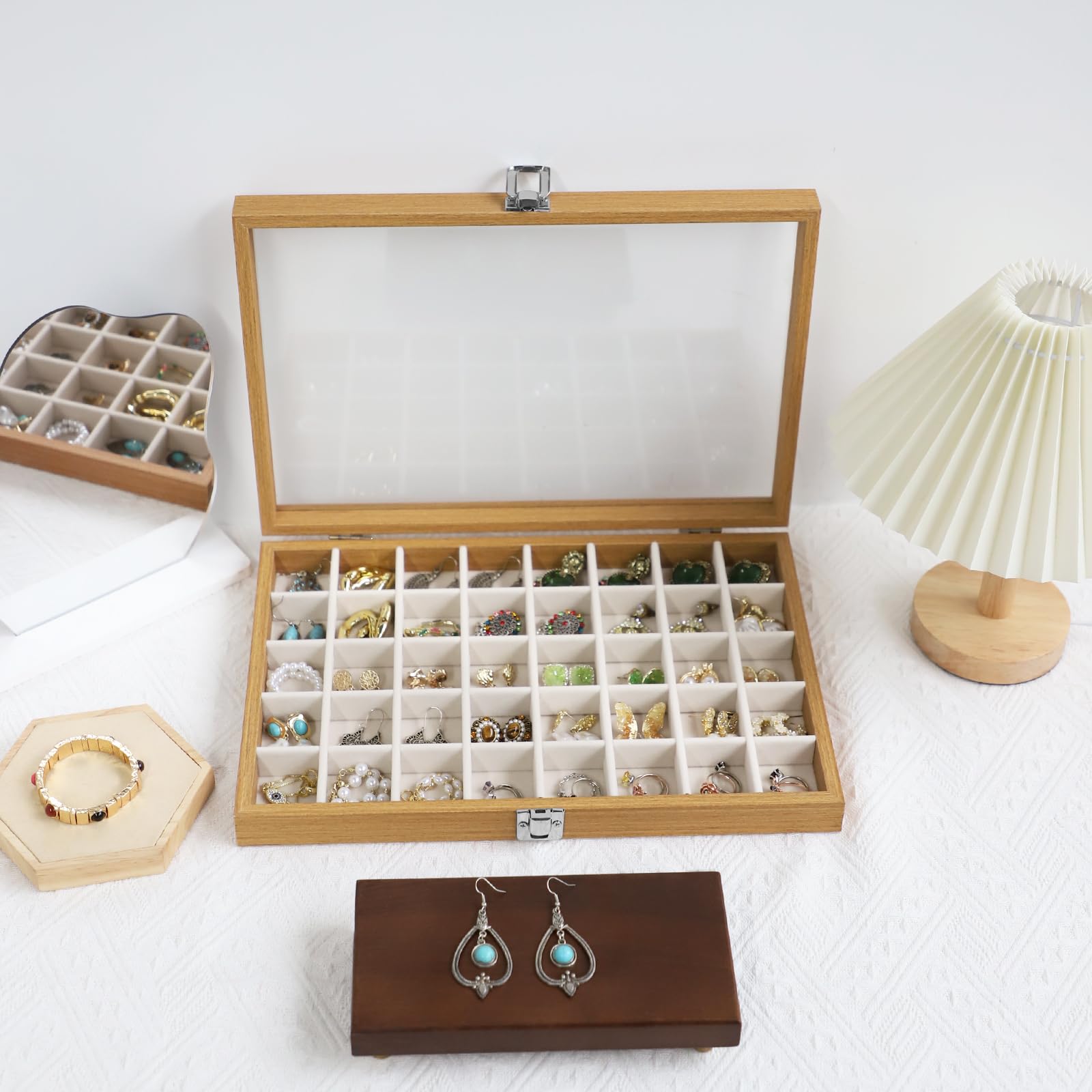 Stratalife Organizer per gioielli con 40 vassoi per gioielli con coperchio trasparente in legno organizer per orecchini porta anelli accessori scatola collane orecchini portaoggetti per cassetti da