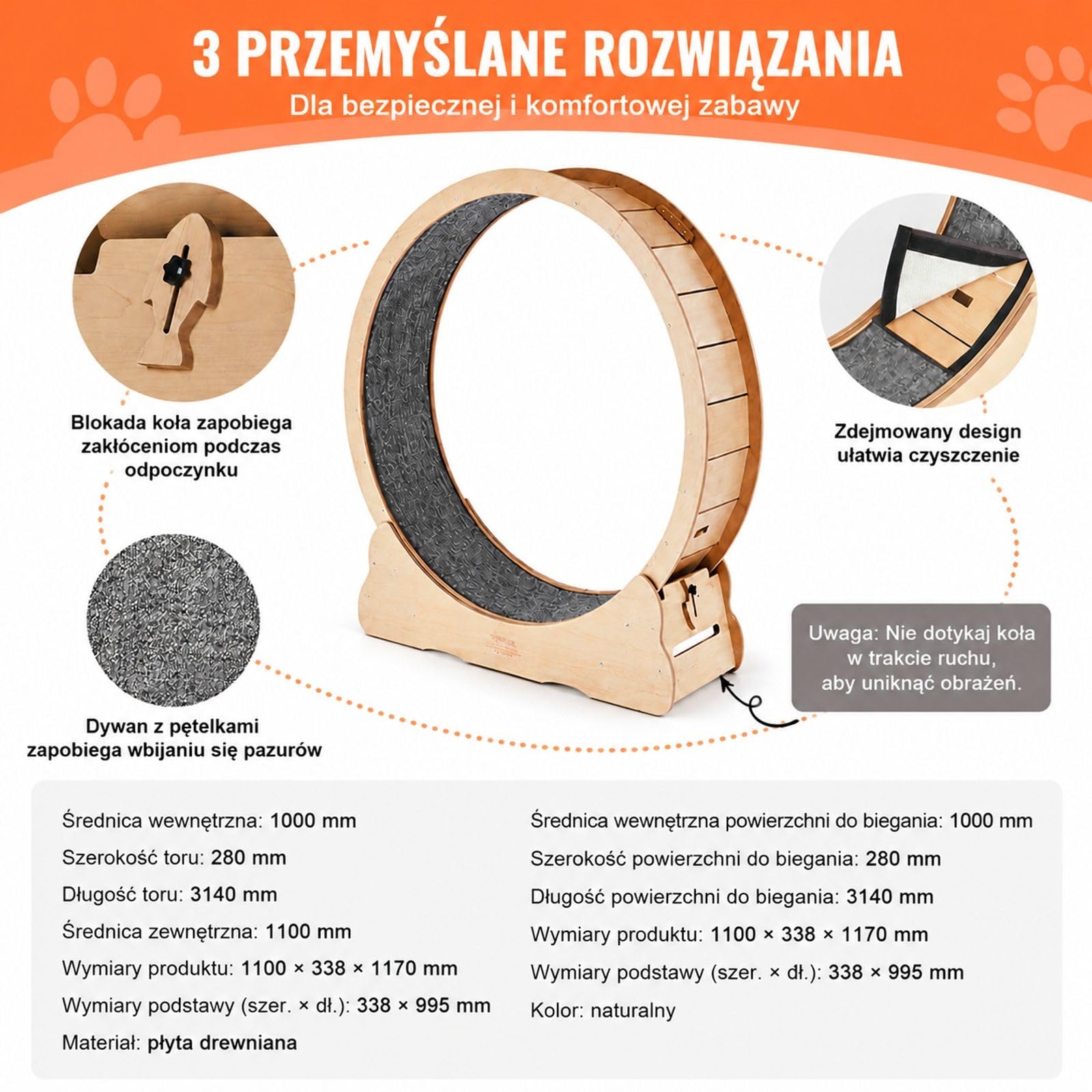 Bieżnia dla kota z MDF w kolorze drewna, wyjmowana mata, blokada koła, panel do drapania, wolnostojąca zabawka domowa