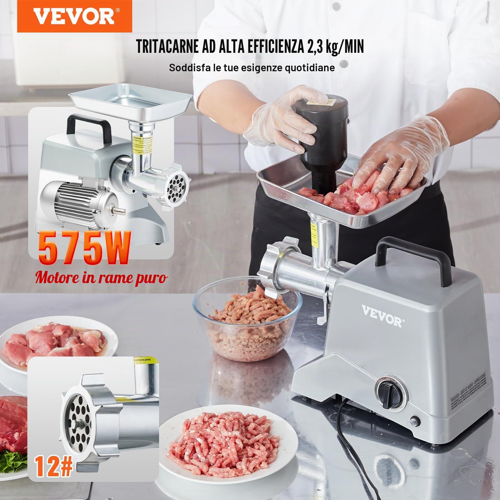 VEVOR Tritacarne Elettrico Industriale con Lama Capacità 2,27 kg/min, 575 W (800 W MAX), Piastra di Macinazione, Lama per Insaccare Salsicce e 3 Tubi, Tritacarne Alluminio 440 x 200 x 300 mm