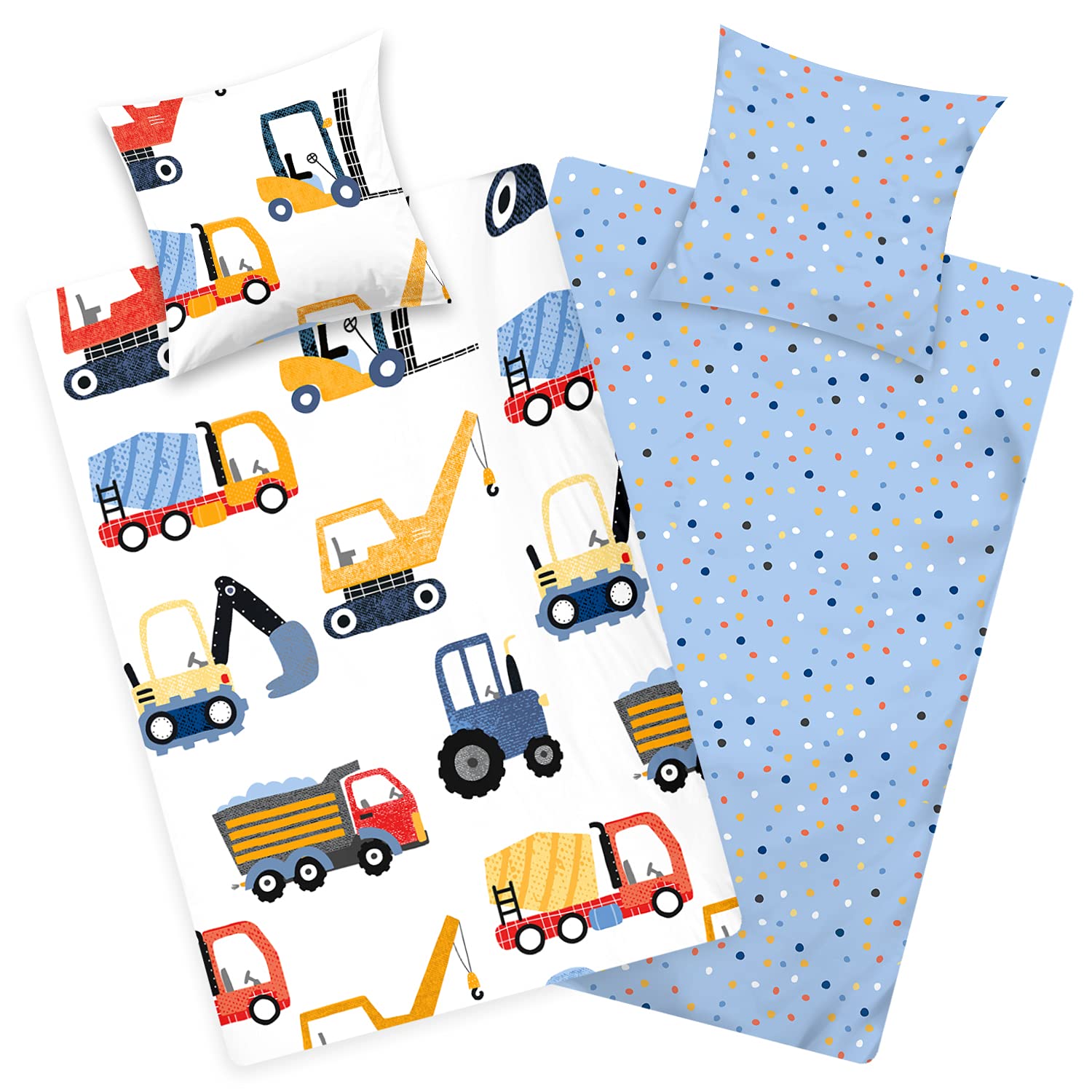 Aminata kids Bettwäsche 135x200 cm Bagger Baustelle - Kinderbettwäsche für Jungen 100% Baumwolle - Kinder Wendebettwäsche-Set mit Baufahrzeugen blau