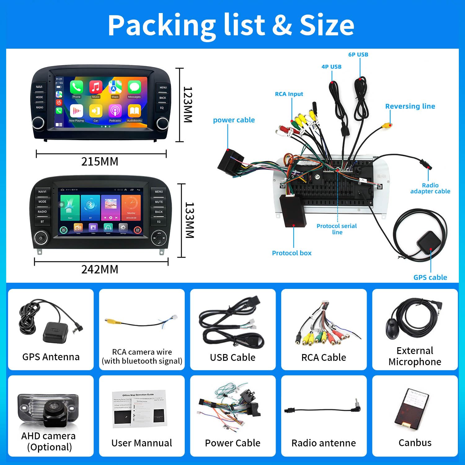 7" Android Auto GPS Radio Navigator Carplay Replacement for Mercedes-Benz SL R129 R230 SL55AMG SL63AMG SL65AMG SL280 SL300 SL350 SL500 SL600 2001/09-2012/12+Rückfahrkamera