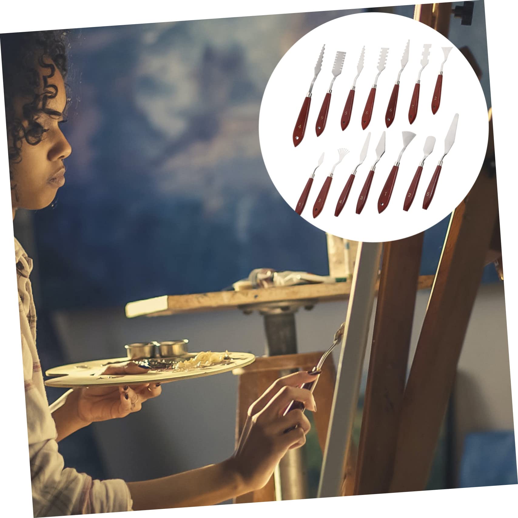 Set di Spatole per Pittura ad Olio 14 Pezzi in Acciaio Inox Marrone | Strumenti per Miscelazione e Raschietto per Vernice, per Pittura Acrilica, Formato Set Completo, Finitura Marrone