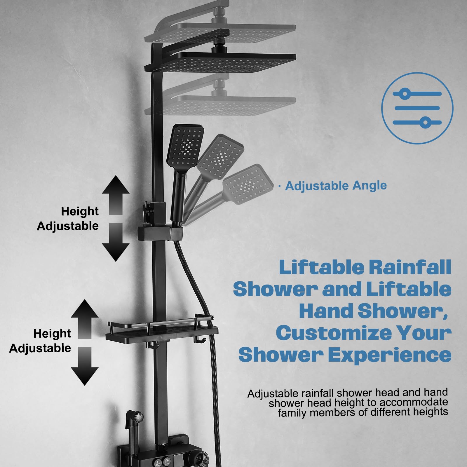 Columna de Ducha Termostática, Columna Ducha Negra con Grifo y Pantalla LED, Duchas de Baño Columna Bañera Altura Ajustable, Set Ducha 4 Modos Alcachofa de Ducha, Chorro, Grifo, Ducha Lluvia 30 x 20cm