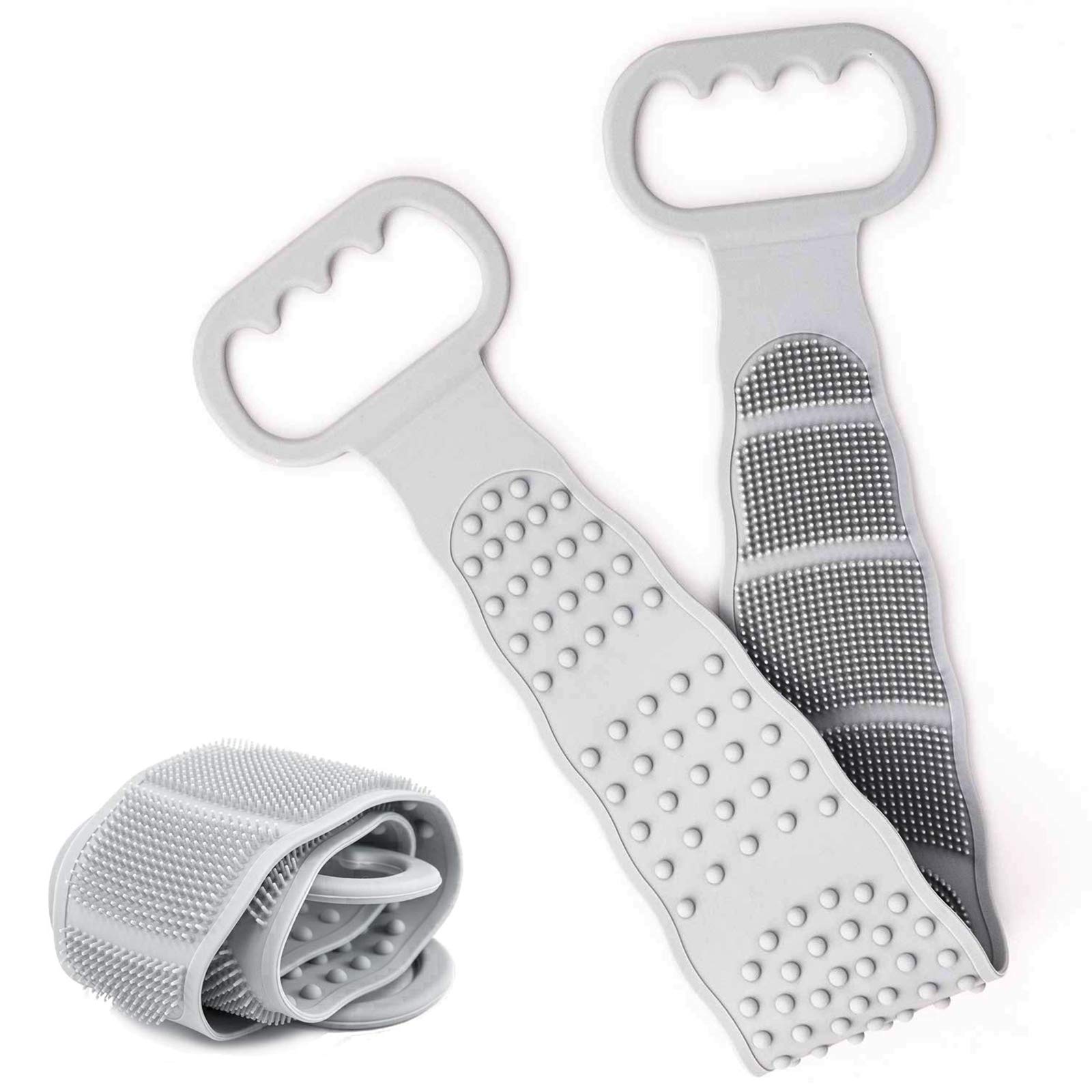 Shower Silicon Back Scrubber, Back Brusher, Silicone Bath Towel, Soft Body Washer Tools, Double Sided Pad with Handle, Exfoliating Texture Clean Back for Shower Gray