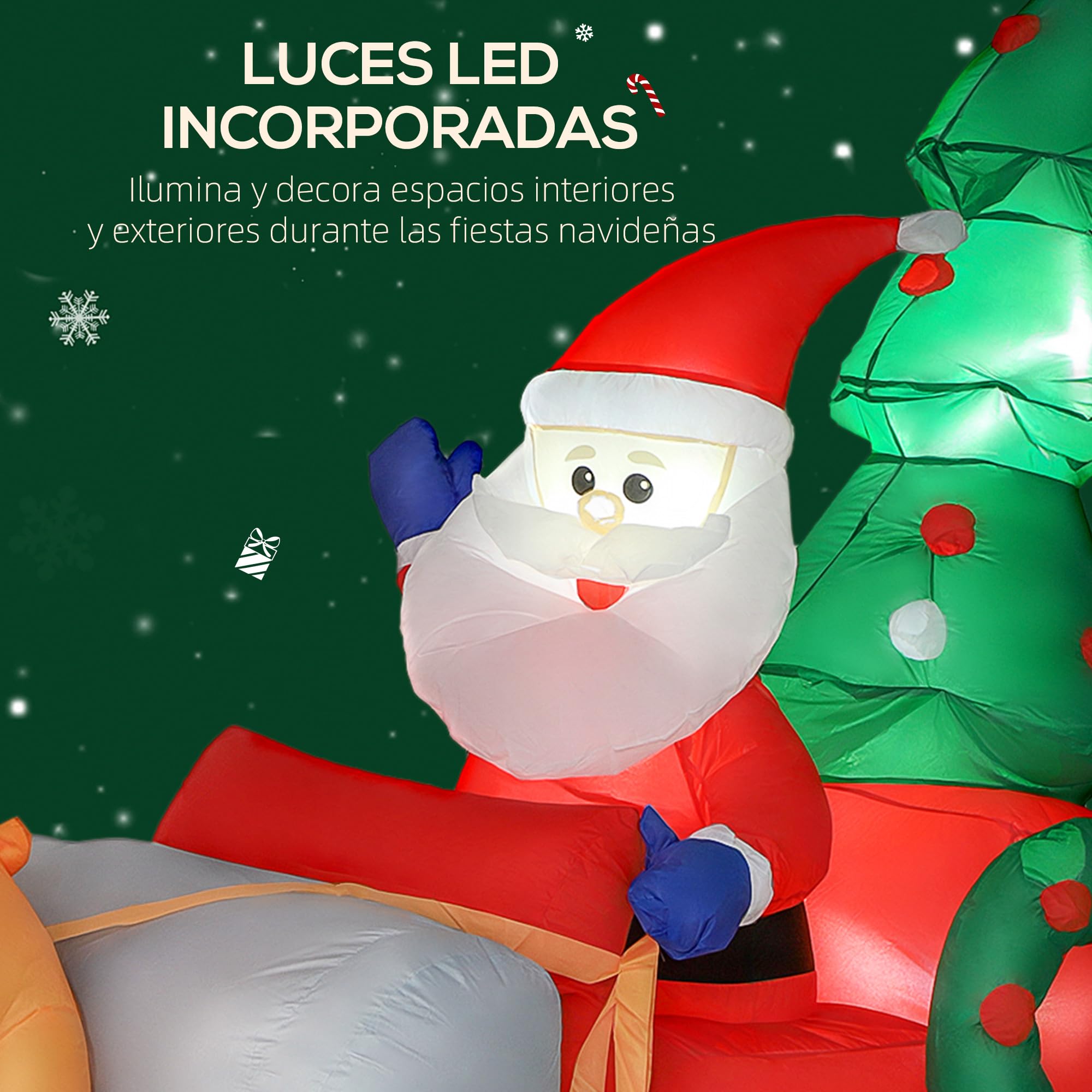 Outsunny Papá Noel Hinchable con Trineo, Renos y Árbol 216x90x150 cm | Inflables de Navidad con Luces LED, Decoración de Navidad para Exterior e Interior