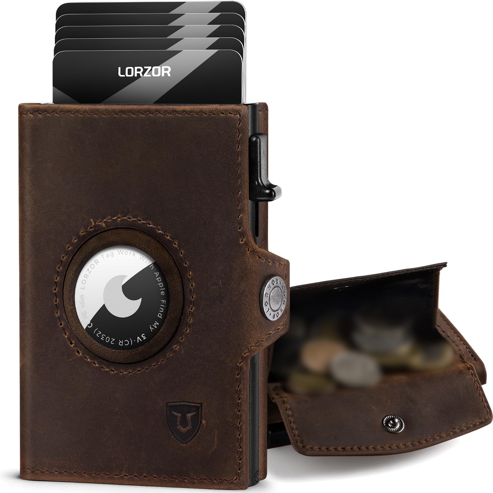 LORZOR AirTag Wallet mit XXL münzfach für 10+ Münzen, Slim Wallet AirTag, Geldbörse Herren Echtleder Portemonnaie, AirTag Portmonee Herren Geldbeutel, Kartenetui RFID schutz, Smart Wallet, Brieftasche