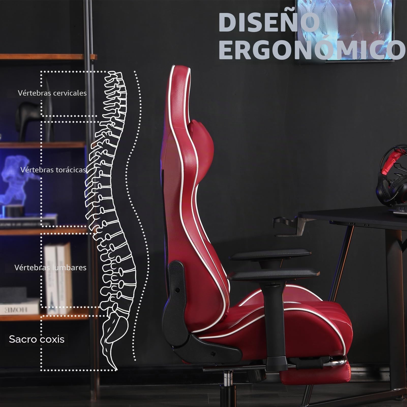 Sillas Gaming con Reposapies, Silla Gamer Adulto con Respaldo Lumbar, Silla Escritorio Gaming Ajustable en Altura, Silla Ordenador en Piel Sintética, Gama Alta, Rojo