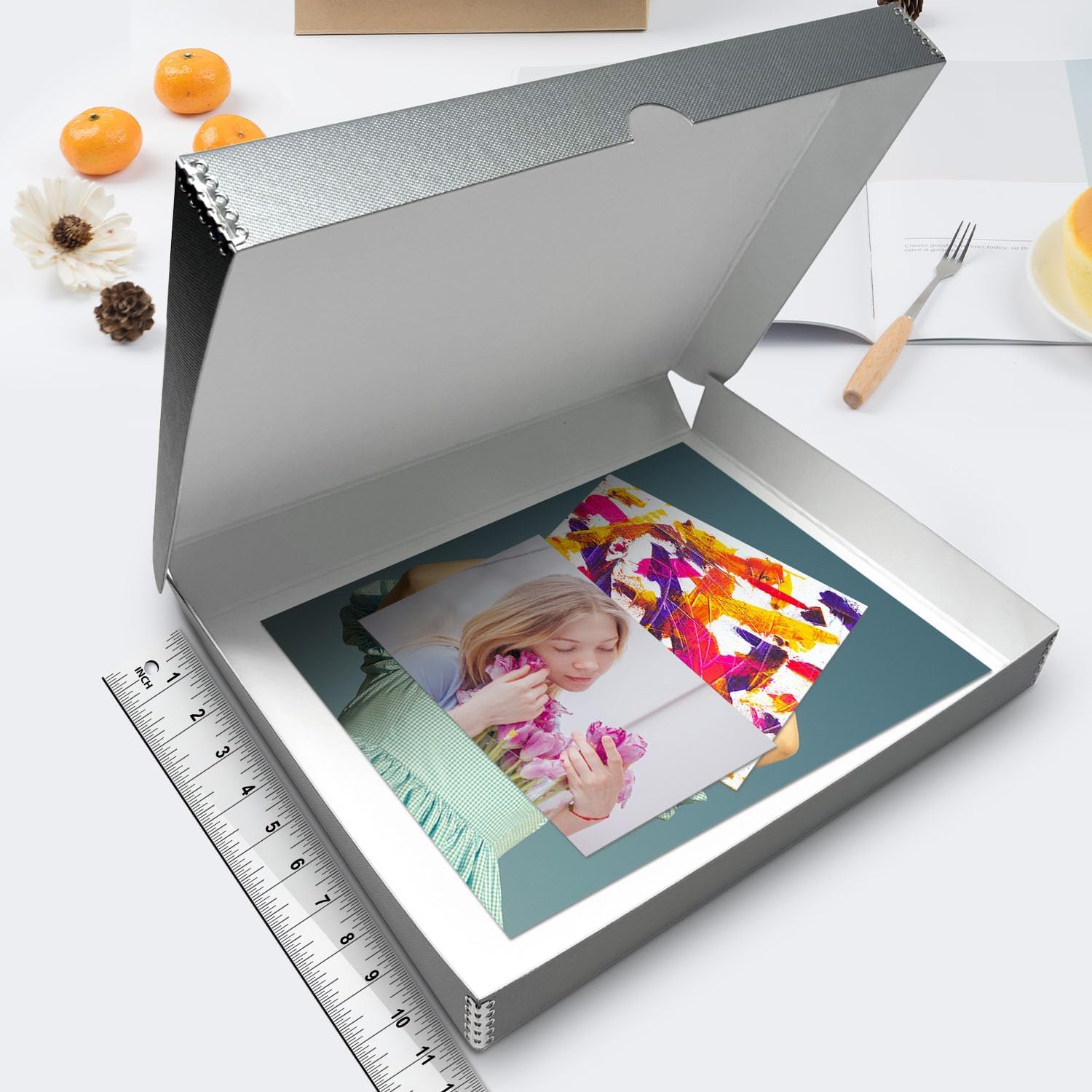 Lineco Folio Storage Box, Clamshell Design with Metal Edge. 11.5x14.5x1.75 Inches, Archival Boxboard, Preserve Photos, Cards, Magazines, Documents, Art, Ephemera, Family Records, Silver, Pack of 1