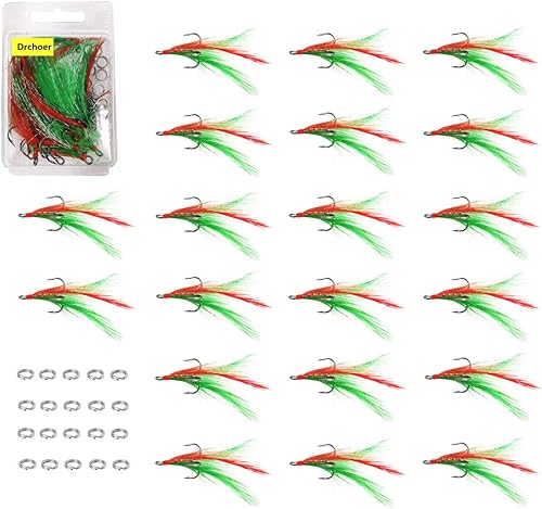 20 anzuelos de pesca redondos de níquel negro con plumas, 3 anzuelos de pesca fuertes y afilados, tamaño 4  6  8  10, plumas rojasnegroblanco