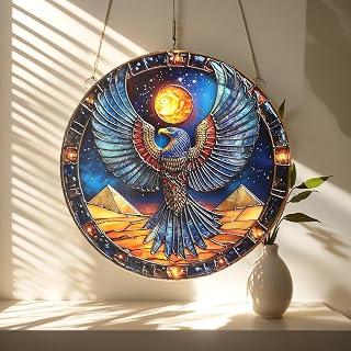 Mystica Egyptian Facon Sun Disc Suncatcher - Faux Staed Gass Wdow gg with Horus Pyramid Design, Perfect Spiritua Decor Gift (6x6)