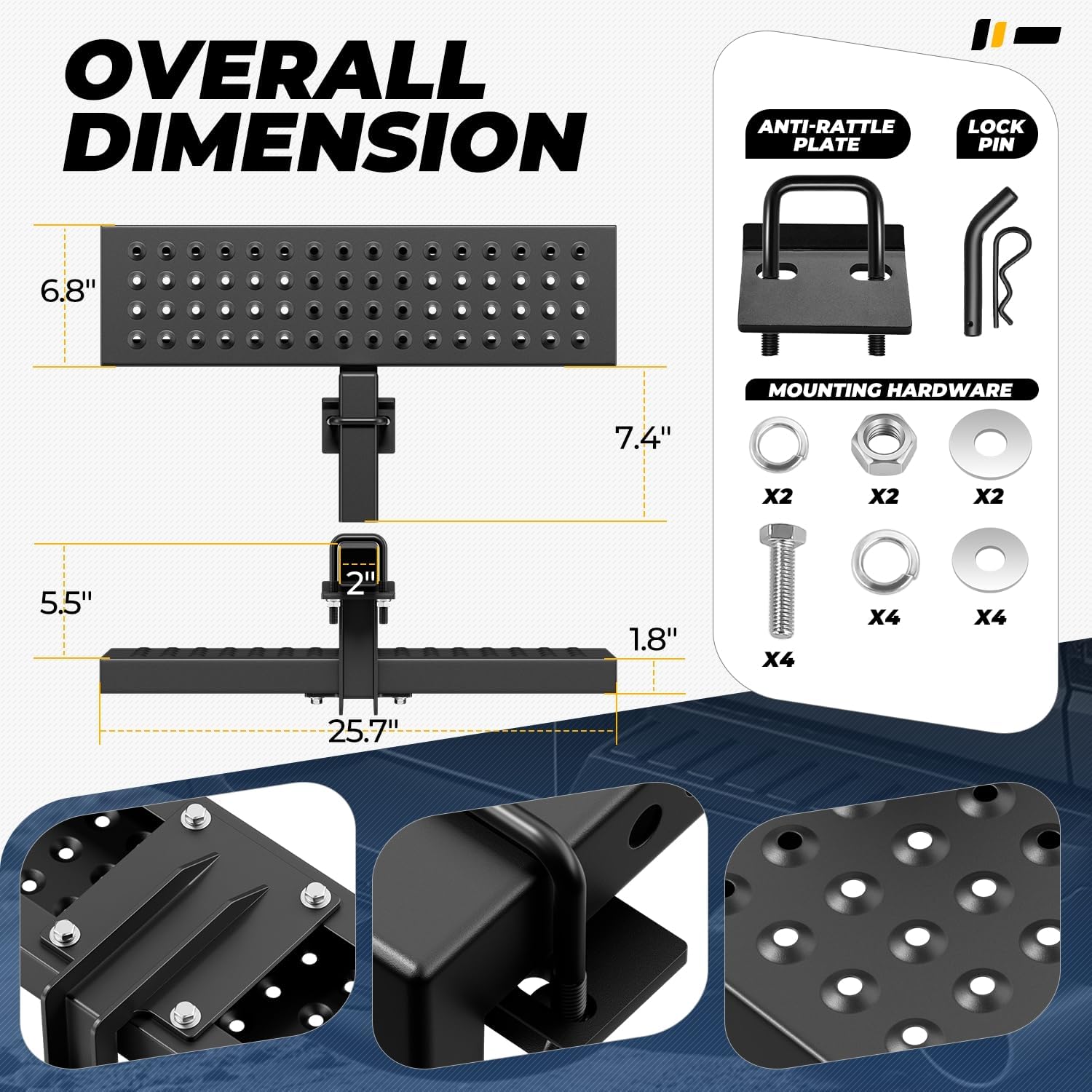 Auto Dynasty 2" Lowered Rectangular Hitch Step Bar Board for 2" Tow Hitch Receiver, Adjustable Non Slip Rear Bumper Guard & Bed Access Step with Anti-Rattle Plate, 350Lbs Load Capacity, Matte Black