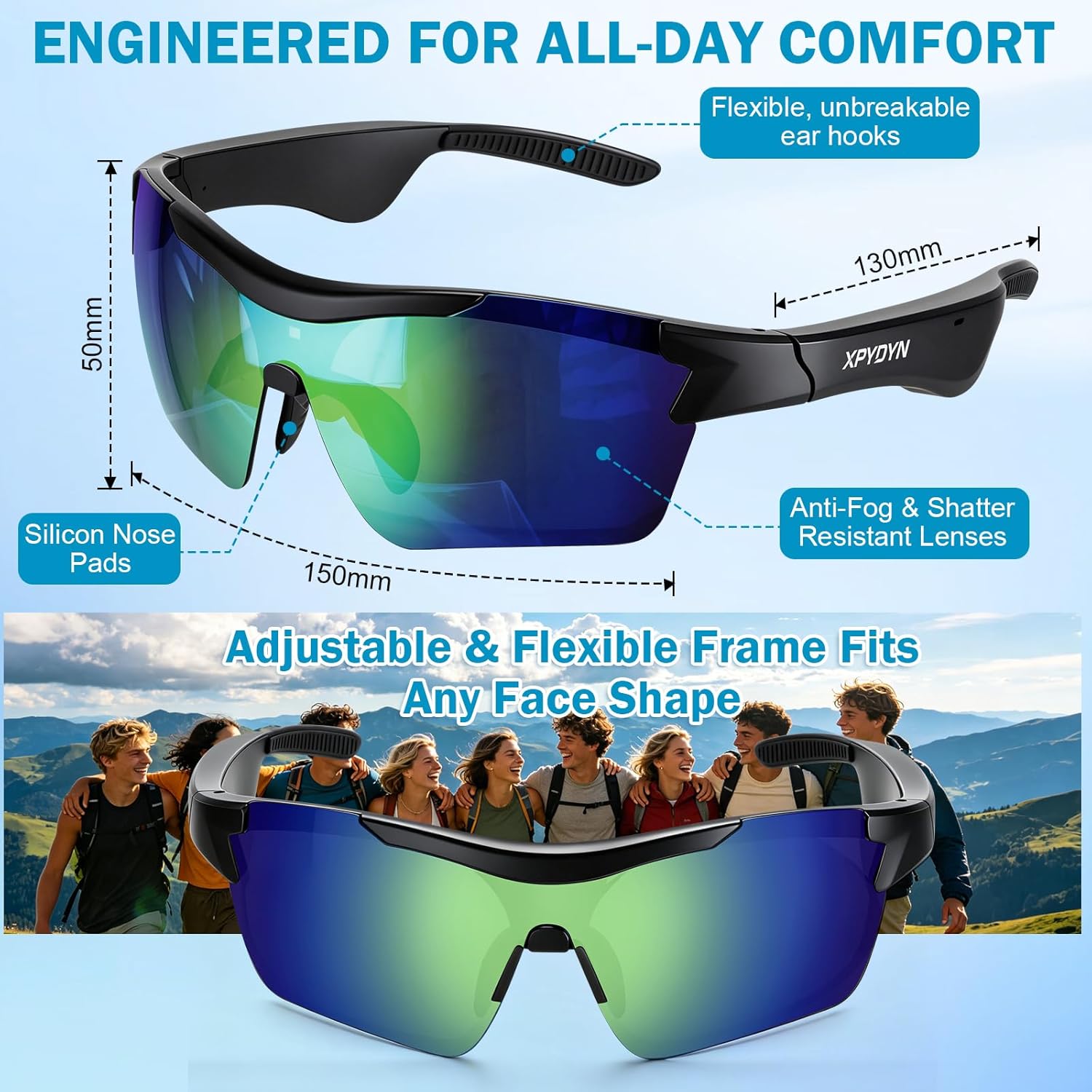 Bluetooth Sports Sunglasses - Smart Glasses with Built-in Audio & Speakers, Polarized UV Protection, Matte Black Frame