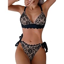 WODECASA Womens V Neck Triangle Bikini Sets Scalloped Trim Lace Two Piece Swimsuit Tie Side High Cut Thong Bathing Suit