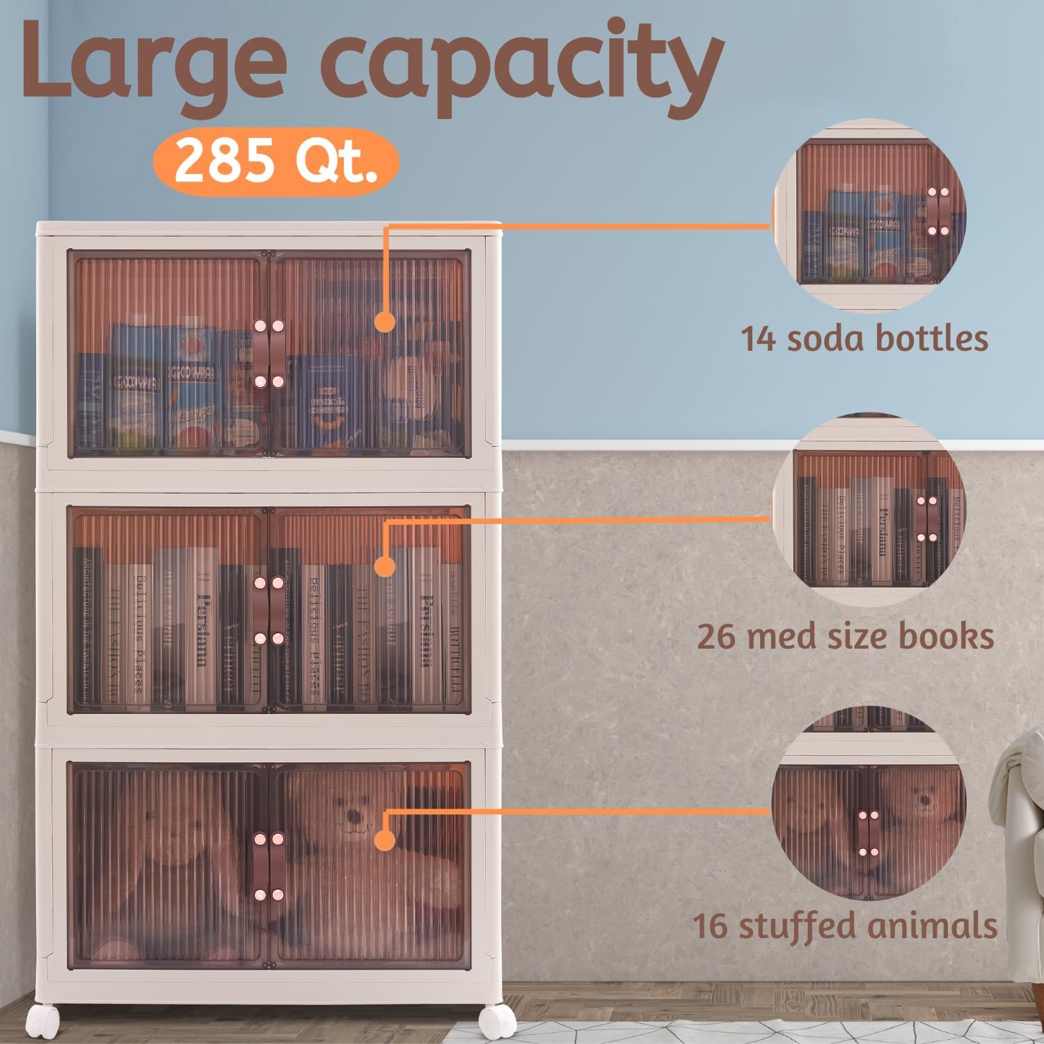 95 QT (285 QT Total) Stackable Storage Bins with Doors – 3 Tier Plastic Cabinet with Doors – Magnetic closure Foldable Storage Bins with Lids & Wheels –Collapsible Organizer with Leather Handles