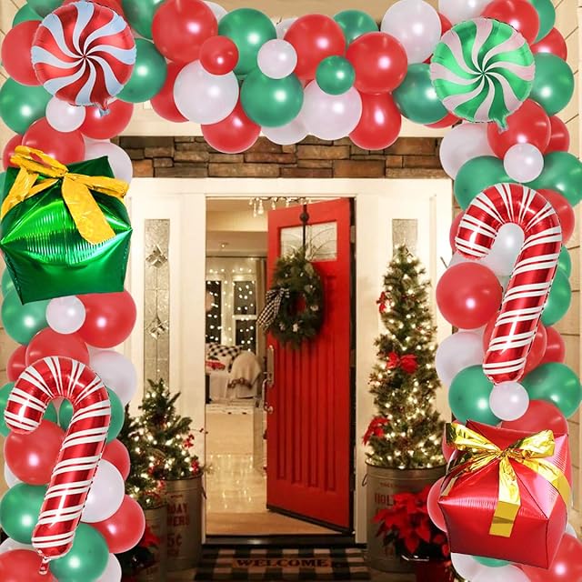 JOYMEMO Christmas Balloon Garland Arch Kit Xmas Balloons- 120 Pieces Xmas Red Green Party Decorations with Candy Cane Balloons Gift Box Balloons for Wintertime Holiday New Year Party Supplies