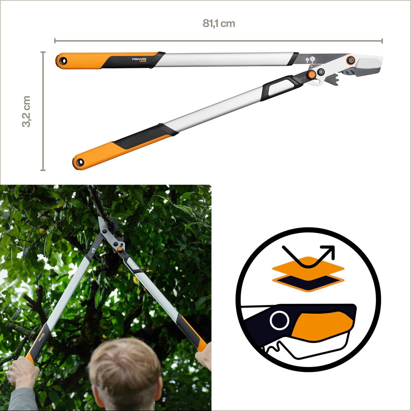 Fiskars X-Series DualAction Sécateur Bypass LX108, Mode 2-en-1 pour des Coupes Rapides ou Puissantes, Lames en Acier Antiadhésif/Bras en Aluminium Léger avec Poignée Souple, Noir/Orange, 1080133
