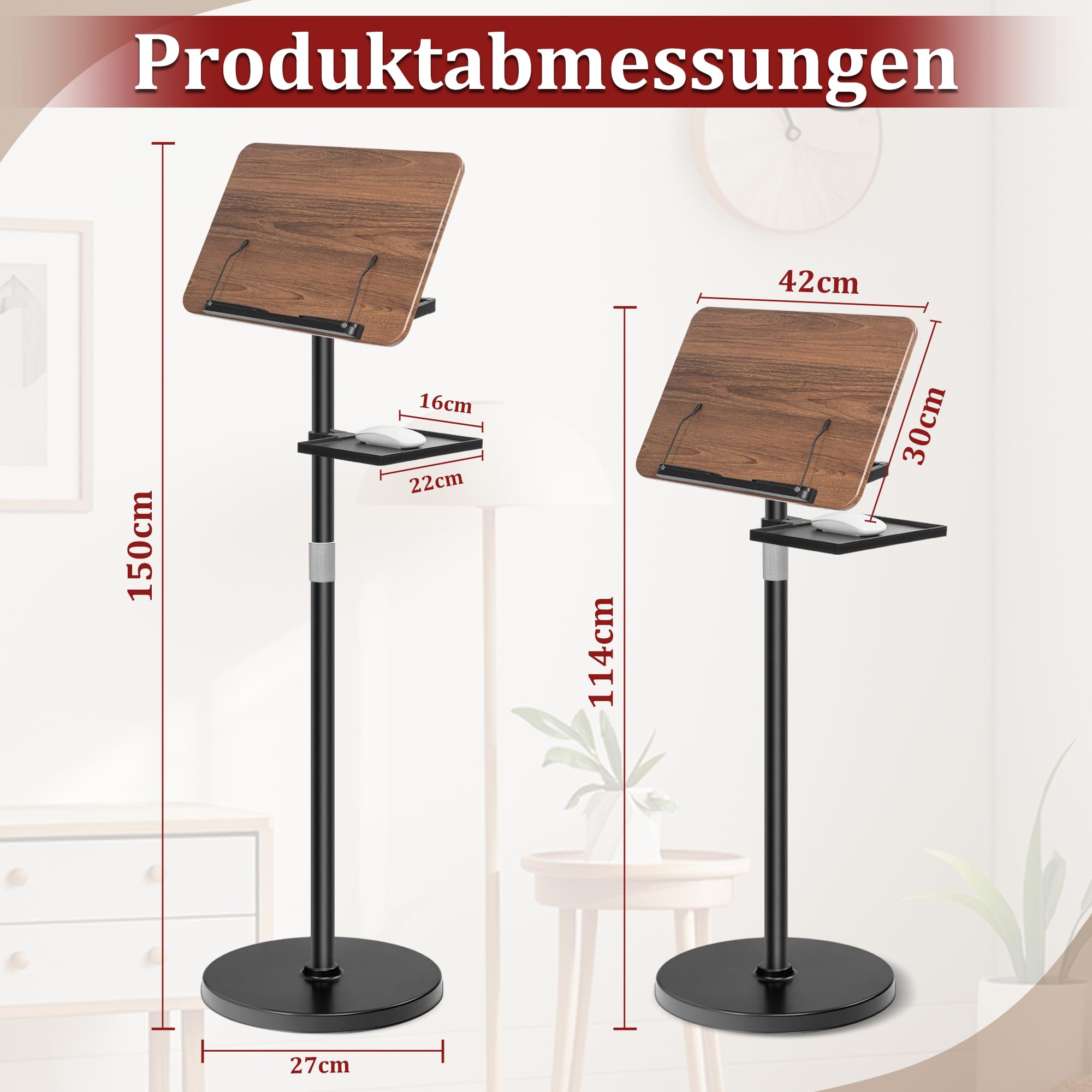 2 in 1 Verstellbarer Buchständer, Höhenverstellbar 50-130cm,Schwarz | Dual-Use Boden & Schreibtisch-Buchhalter, Holz-Kochbuchhalter mit Seitenclips, für Musikblatt, Rezept, Laptop